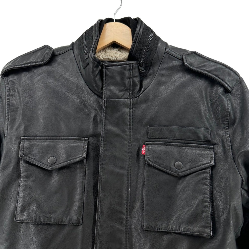 Levis Mens Faux Leather Sherpa Lined Field Jacket Black Stand Collar Coat L